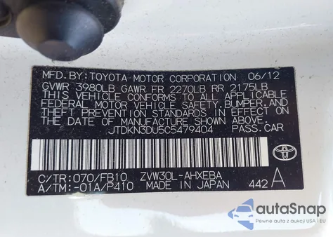 2012 Toyota Prius Two from USA, damaged, VIN JTDKN3DU5C5479404